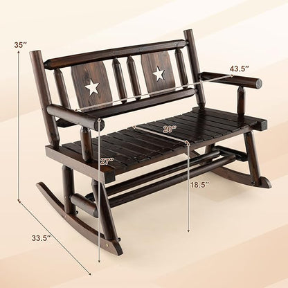 HAPPYGRILL Outdoor Wood Rocking Bench Carbonized Double Rocking Chair for 2 Persons with Wide Curved Seat, Porch Rocker for Porch, Garden, Backyard, 710LBS Capacity, Rustic Brown
