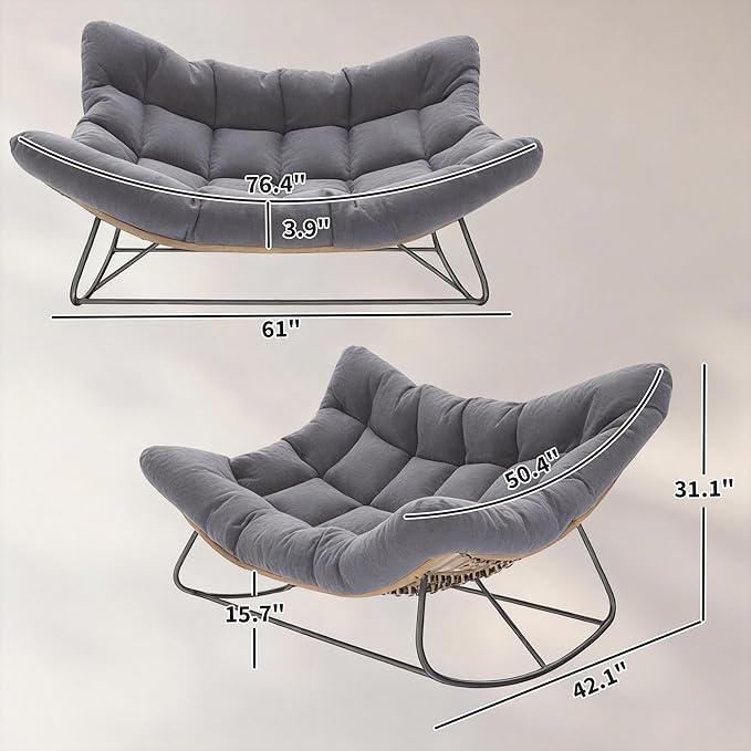 Outsunny Double Papasan Rocking Chair, Wicker Oversized Indoor Outdoor Rocking Chair with Cushion, PE Rattan Padded Outdoor Rocker Egg Chairs for Living Room, Garden, Patio, Balcony, Gray