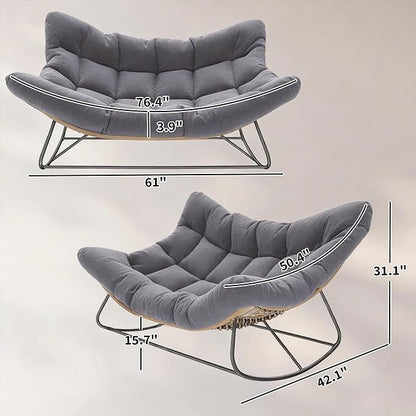 Outsunny Double Papasan Rocking Chair, Wicker Oversized Indoor Outdoor Rocking Chair with Cushion, PE Rattan Padded Outdoor Rocker Egg Chairs for Living Room, Garden, Patio, Balcony, Gray