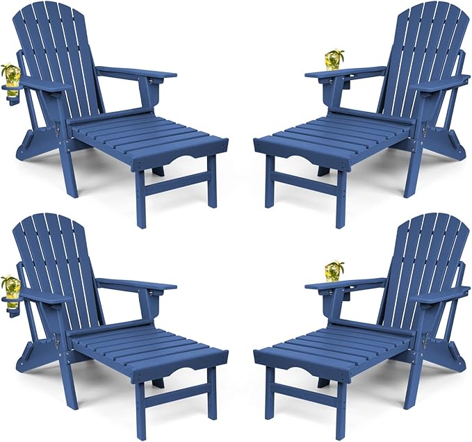 FUNBERRY Adjustable Folding Adirondack Chairs Set of 4 with Retractable Ottoman, All Weather Fire Pit Chairs with Cup Holder