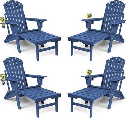 FUNBERRY Adjustable Folding Adirondack Chairs Set of 4 with Retractable Ottoman, All Weather Fire Pit Chairs with Cup Holder