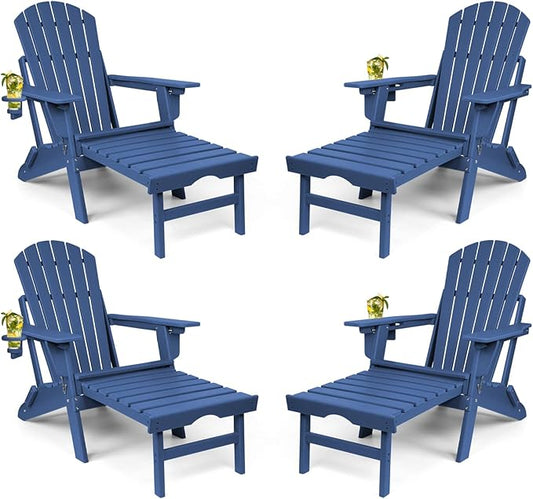 FUNBERRY Adjustable Folding Adirondack Chairs Set of 4 with Retractable Ottoman, All Weather Fire Pit Chairs with Cup Holder