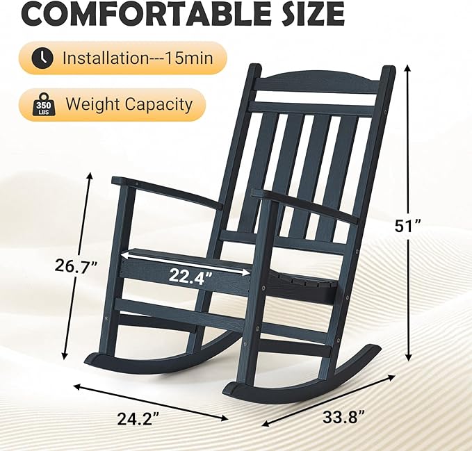 PROHIKER HDPE Rocking Chair, All Weather Plastic Rocking Chair with High Backrest, Outdoor Indoor Porch Rocker for Backyard, Balcony, Lawn, Garden, Black
