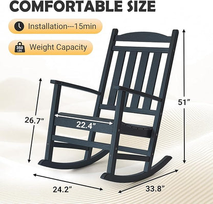 PROHIKER HDPE Rocking Chair, All Weather Plastic Rocking Chair with High Backrest, Outdoor Indoor Porch Rocker for Backyard, Balcony, Lawn, Garden, Black