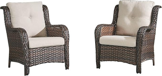 HUMMUH Patio Chairs Wicker Patio Dining Chairs Set of 2 PE Rattan Deep Seating Outdoor Chairs with 4 inch Seat Cushions(Brown/Beige)