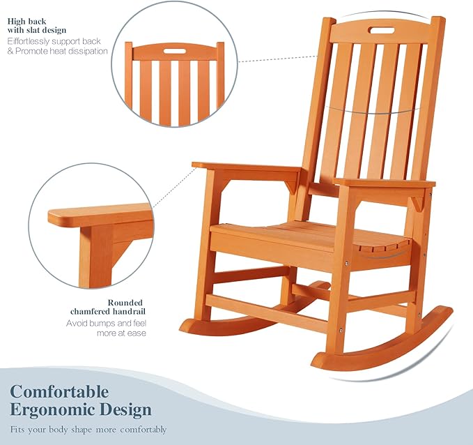Psilvam Oversized Outdoor Rocking Chair, with 21" Wide Seat and 32" Tall Backrest, Pre-Assembled with Most Components for Effortless Installation (Orange)