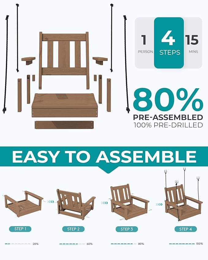 SERWALL HDPE Single Porch Swing, Heavy Duty Single Person Swing Chair with 2 Polypropylene Hanging Ropes - Photo 8