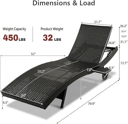 Set of 6 Outdoor Chaise Lounge Chairs with Wheels, Pull-Out Side Table, 5-Position Adjustable Backrest, All-Weather Wicker Patio Pool Lounge Chairs for Poolside, Backyard, Deck, Brown