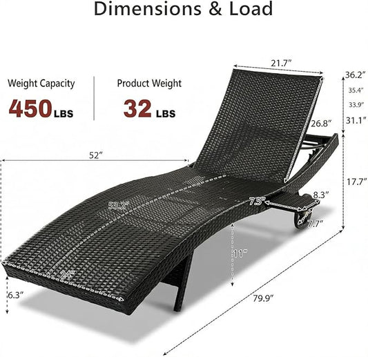 Set of 2 Outdoor Chaise Lounge Chairs with Wheels, Pull-Out Side Table, 5-Position Adjustable Backrest, All-Weather Wicker Patio Pool Lounge Chairs for Poolside, Backyard, Deck, Brown