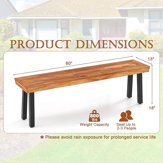 RELAX4LIFE 60’’ Outdoor Bench Acacia Wood - 2-3 Person Backless Patio Seat with Heavy Duty Metal Frame, Wooden Picnic Dining Garden Bench for Outside Backyard Park Porch, 800 LBS Weight Capacity (2)
