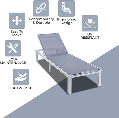 LeisureMod Marlin Aluminum Outdoor Chaise Lounge Chair - Mesh Sling Fabric Seat White Aluminum Frame Beach, Pool Lounge Chair for Modern Patio Lawn, Garden and Backyard (Dark Grey)