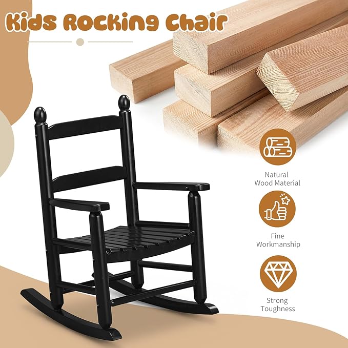 Outvita Kids Rocking Chair, Ergonomic Sturdy Toddler Rocking Chair with High Backrest & Rounded Armrests, Safe Solid Wood Baby Rocker Chair for Age 3-6, Outdoor, Living Room, Reading Room(Black)