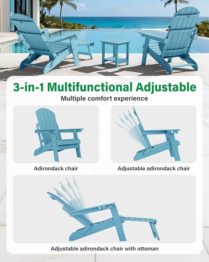 YEFU Adjustable Adirondack Chair with Footrest Set of 4, 5-Level Adjustable Adirondack Chair with Retractable Ottoman& Cup Holder, Folding Adirondacks Chairs Use for Outdoor, Pool, Fire Pit