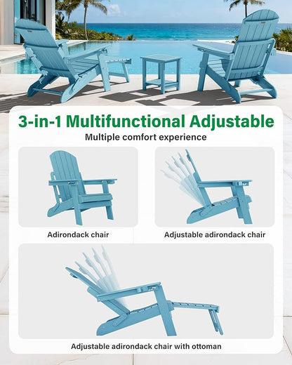 YEFU Adjustable Adirondack Chair with Footrest Set of 4, 5-Level Adjustable Adirondack Chair with Retractable Ottoman& Cup Holder, Folding Adirondacks Chairs Use for Outdoor, Pool, Fire Pit