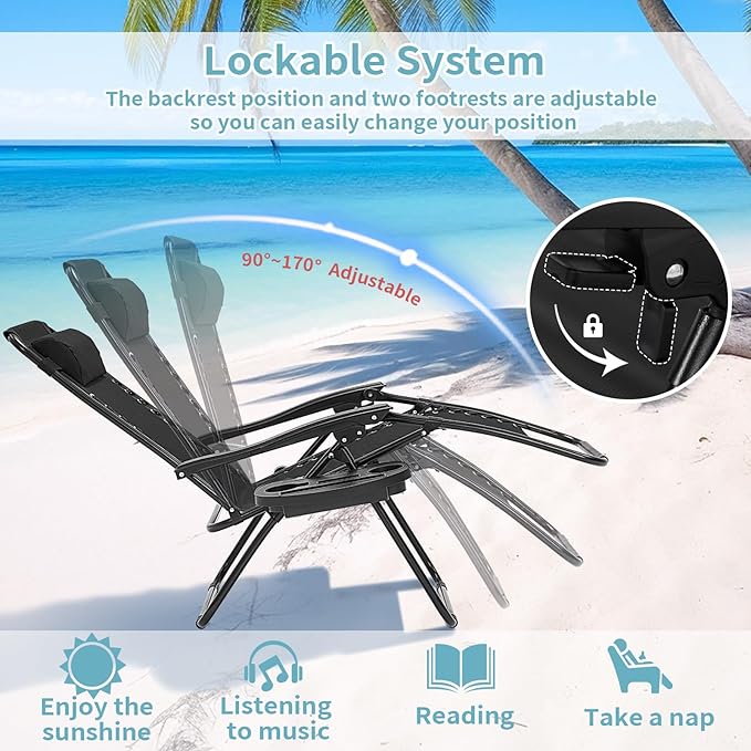 Zero Gravity Chair Set of 2, Folding Reclining Zero Gravity Recliner Lounge Chair 330lbs with Pillow and Cup Holder Trays, Steel Mesh Outdoor recliners for Patio Poolside Backyard Beach (Black)