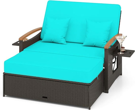 Moccha Outdoor Wicker Daybed, Patio Rattan Loveseat Sofa w/ 4-Level Adjustable Backrest, Folding Panels, Storage Ottoman & Cushions, Lounge Furniture Set for Poolside Backyard Porch (Turquoise)