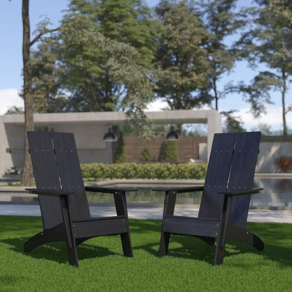 Flash Furniture Set of 2 Sawyer Modern 2-Slat Back Adirondack Chairs - Black All-Weather Poly Resin Lounge Chairs