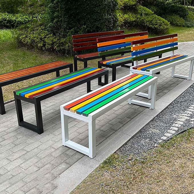 31" Outdoor Bench Weatherproof Patio Garden Benches Metal Backless Bench Seating 2-4 Person Slatted Chairs for Porch Patio Lawn and Backyard Black(White,L-59)
