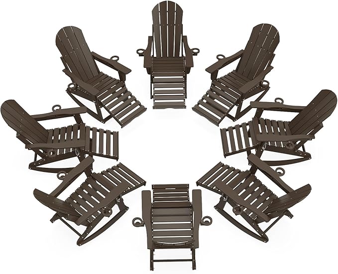 Adirondack Rocking Chairs Set of 8 with Retractable Ottoman, All Weather Folding Adirondack Chair with Two Cup Holders, Adirondack Outdoor Rocking Chairs for Porch, Patio, Balcony. Coffee