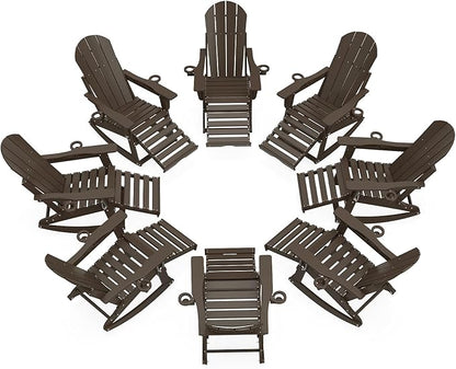 Adirondack Rocking Chairs Set of 8 with Retractable Ottoman, All Weather Folding Adirondack Chair with Two Cup Holders, Adirondack Outdoor Rocking Chairs for Porch, Patio, Balcony. Coffee