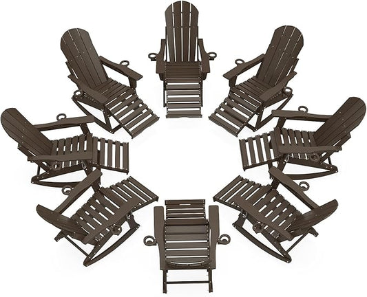 Adirondack Rocking Chairs Set of 8 with Retractable Ottoman, All Weather Folding Adirondack Chair with Two Cup Holders, Adirondack Outdoor Rocking Chairs for Porch, Patio, Balcony. Coffee
