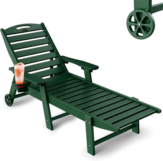 Lounge Chair Outdoor, Chaise Lounge Outdoor, HDPE 6-Position Lounge Chair for Outside, Patio Lounge Chair with Wheels & Cup Holder for Pool Poolside Deck Backyard, Green