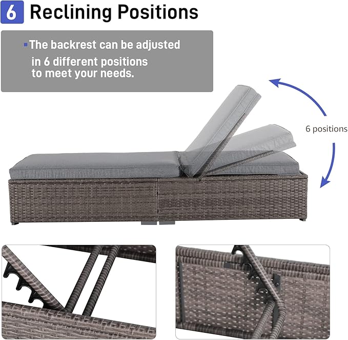 Patiorama Outdoor Patio Chaise Lounge Chair, Elegant Reclining Adjustable Pool Rattan Chaise Lounge Chair with Cushion, Grey PE Wicker, Steel Frame,Light Grey, Set of 4