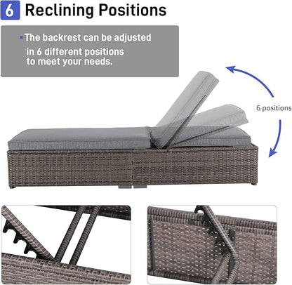Patiorama Outdoor Patio Chaise Lounge Chair, Elegant Reclining Adjustable Pool Rattan Chaise Lounge Chair with Cushion, Grey PE Wicker, Steel Frame,Light Grey, Set of 4