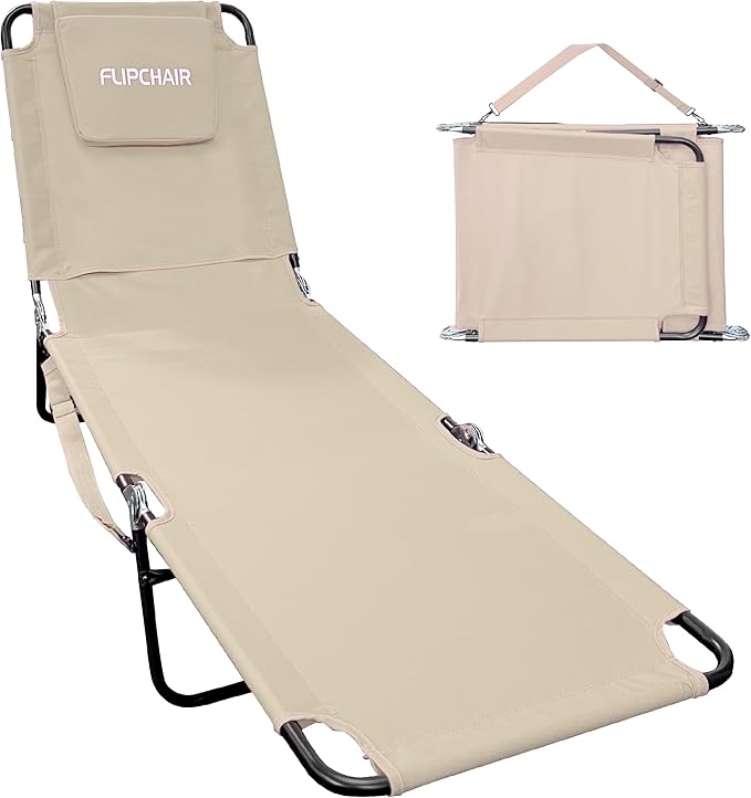 EASYGO PRODUCTS Pool Chair Chaise Lounge 2 Legs Support Polyester Material Reclining Backrest Head Rest Pillow Great for Beach, Home, Backyard, Outdoor, Patio, Pool, Camping, Lawn or Deck Color TAN