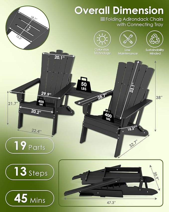 GREENVINES Folding-Adirondack-Chairs-Set-of-2 | HDPE Plastic | Throne Series | Fire Pit Chair | with Connecting Tray | Removable Table | All Weather | for Outdoor Patio Deck Poolside | Black