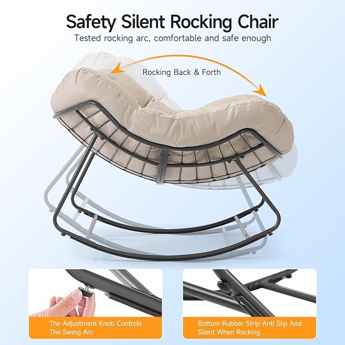 ONBRILL Outdoor Papasan Rocking Chair, 450 lbs Oversized Comfy Patio Chair with Thickened Cushion, Indoor Egg Rocking Lounge Chairs, Rocker Chairs for Patio Porch Garden Living Room Bedroom, Beige