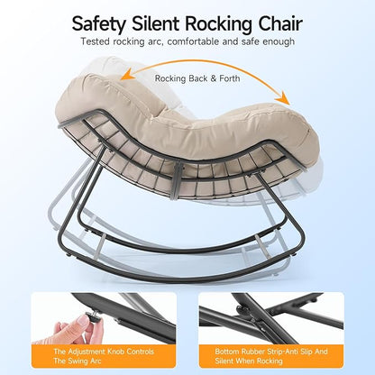 ONBRILL Outdoor Papasan Rocking Chair, 450 lbs Oversized Comfy Patio Chair with Thickened Cushion, Indoor Egg Rocking Lounge Chairs, Rocker Chairs for Patio Porch Garden Living Room Bedroom, Beige