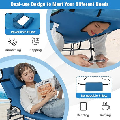 Giantex 2-Pack Tanning Chair with 5 Adjustable Position, Face & Arm Hole, Hand/Shoulder Strap, Removable Pillow, Side Pocket, 330 Lbs Capacity, Lounge Chair Outdoor for Beach, Sunbathing, Blue