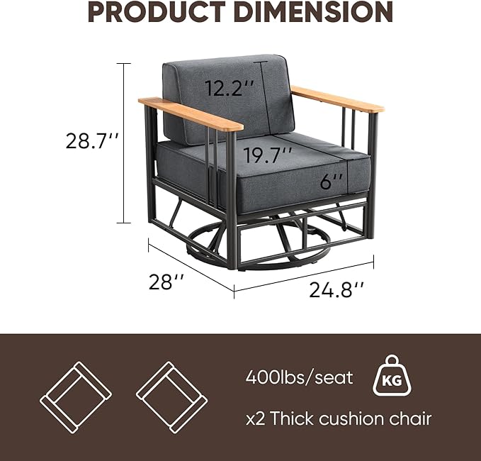 6-inch Thick Cushion Outdoor Furniture Set, 2-Piece Swivel Chair Set, PE Material, with Wood Grain armrests and trapezoidal backrest, Suitable for Indoor and Outdoor Balcony Seating, Dark Gray | Gray