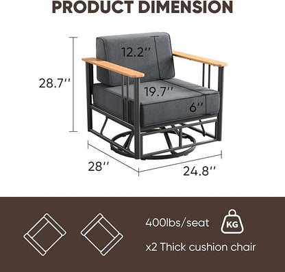 6-inch Thick Cushion Outdoor Furniture Set, 2-Piece Swivel Chair Set, PE Material, with Wood Grain armrests and trapezoidal backrest, Suitable for Indoor and Outdoor Balcony Seating, Dark Gray | Gray