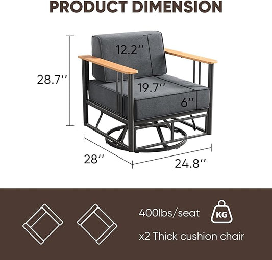 6-inch Thick Cushion Outdoor Furniture Set, 2-Piece Swivel Chair Set, PE Material, with Wood Grain armrests and trapezoidal backrest, Suitable for Indoor and Outdoor Balcony Seating, Dark Gray | Gray