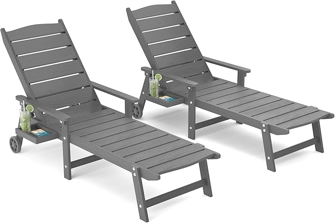 Pool Lounge Chairs Set of 2, 6.3ft Full-Length Patio Pool Lounge Chairs,5-Position Adjustable Backrest (Flat Recline), Flip-Down Side Tray,HIPS All-Weather for Poolside, Deck,Backyard, Beach