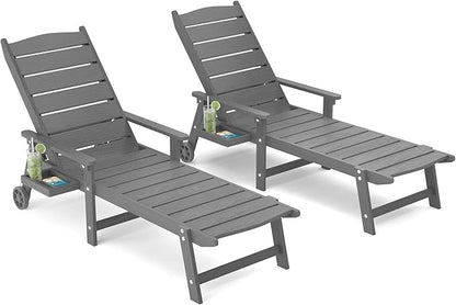 Pool Lounge Chairs Set of 2, 6.3ft Full-Length Patio Pool Lounge Chairs,5-Position Adjustable Backrest (Flat Recline), Flip-Down Side Tray,HIPS All-Weather for Poolside, Deck,Backyard, Beach