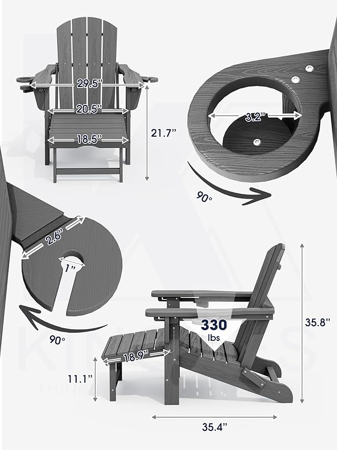 KINGYES Folding Adjustable Adirondack Chair with Ottoman & 2 Cup Holders Set of 4 - Photo 2