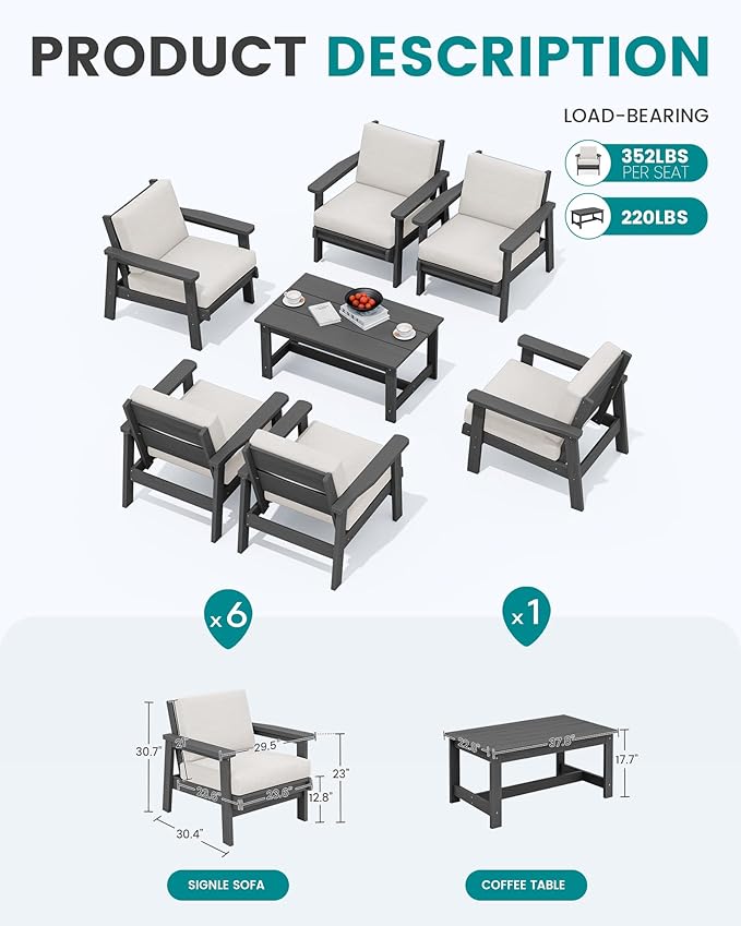 SERWALL HDPE Outdoor Furniture Set, 7 Piece All Weather Wood-Like Outdoor Sofa Sectional Couch - Photo 2