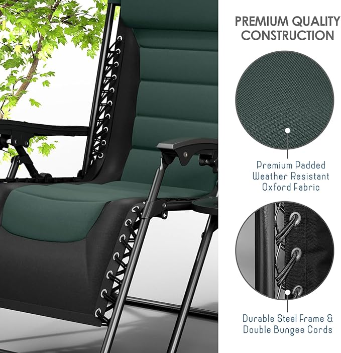 Nestl Outdoor Padded Zero Gravity Chair, Patio Lounge Chair Outdoor Recliner, Oversized Anti Gravity Lounger with Adjustable Headrest and Cup Holder, Foldable for Camping, Yard - Black/Forest Green