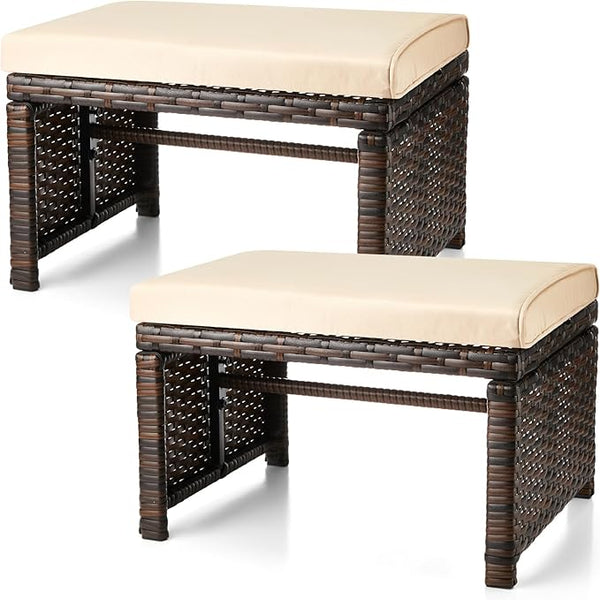 2 Pcs Patio Rattan Ottomans Outdoor Wicker Ottomans Patio Footstool Footrest with Removable Cushion Soft Zippered - Photo 1