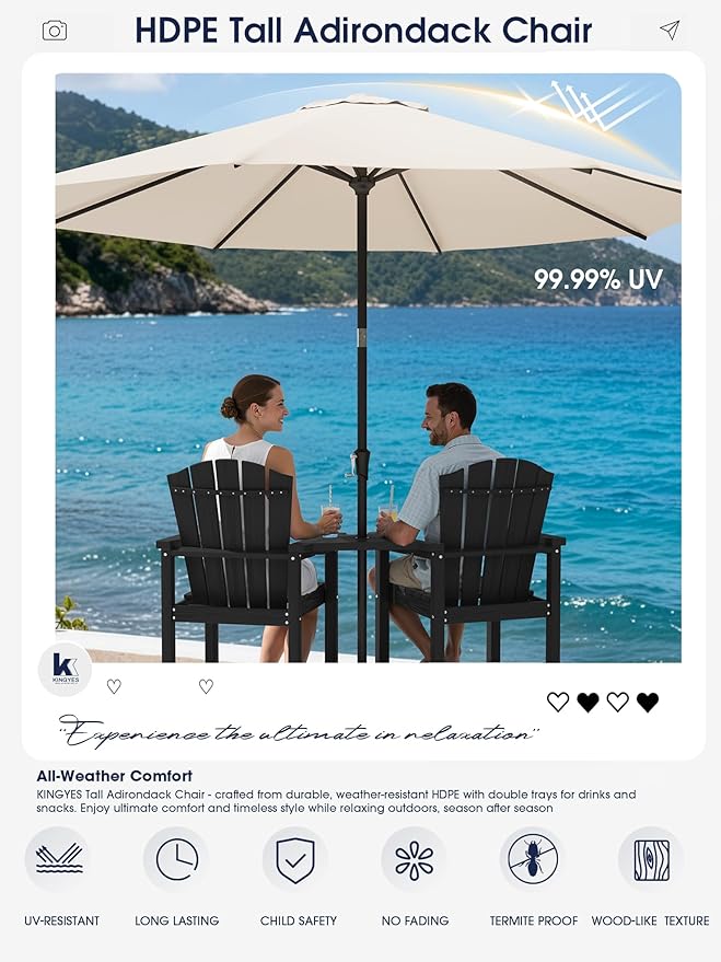 KINGYES Tall Adirondack Chair Set of 4, All Weather HDPE Outdoor Adirondack Bar Stools with Double Connecting Trays, Bar Height Airondack Chair with Wood Grain for Balcony, Deck, Backyard, Black