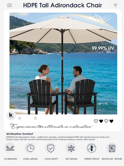 KINGYES Tall Adirondack Chair Set of 2 with 9FT Umbrella, Outdoor HDPE Adirondack Barstools with Double Connecting Trays, High Airondack Chair with Wood Grain, Embossed Balcony Chair, Backyard, Black