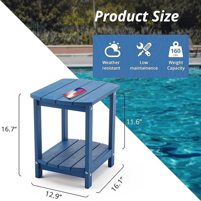 LUE BONA Adirondack Outdoor Side Table, Navy Blue HDPS Outdoor Patio End Table Weather Resistant, Pool Composite Plastic Morden Side Table for Patio, Pool, Porch, Garden, Lawn