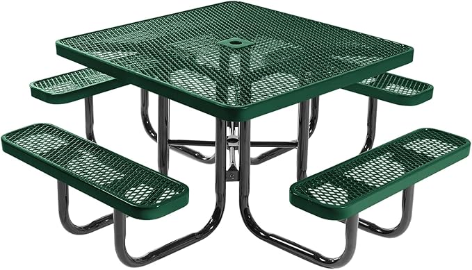 COATEDOUTDOORFURNITURE Heavy-Duty Portable Outdoor Picnic Table with Umbrella Hole, Expanded Metal Commercial-Grade Patio Dining Furniture Made in America (46" Square Top, Textured Green)