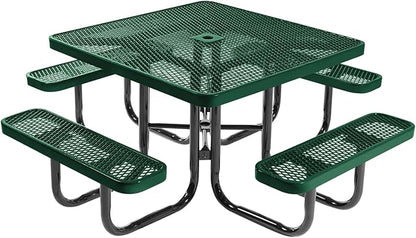 COATEDOUTDOORFURNITURE Heavy-Duty Portable Outdoor Picnic Table with Umbrella Hole, Expanded Metal Commercial-Grade Patio Dining Furniture Made in America (46" Square Top, Textured Green)