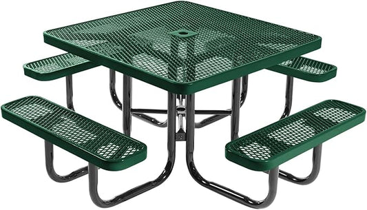 COATEDOUTDOORFURNITURE Heavy-Duty Portable Outdoor Picnic Table with Umbrella Hole, Expanded Metal Commercial-Grade Patio Dining Furniture Made in America (46" Square Top, Textured Green)