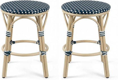 PURPLE LEAF Outdoor French Round 26" Counter Stool Set of 2 Large Woven Wicker Backless Armless Barstool White Print Aluminum Frame for Patio Island Kitchen Cafe Rattan Chairs Deep Blue