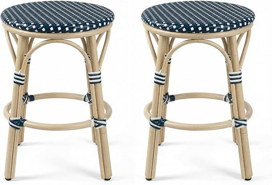 PURPLE LEAF Outdoor French Round 26" Counter Stool Set of 2 Large Woven Wicker Backless Armless Barstool White Print Aluminum Frame for Patio Island Kitchen Cafe Rattan Chairs Deep Blue